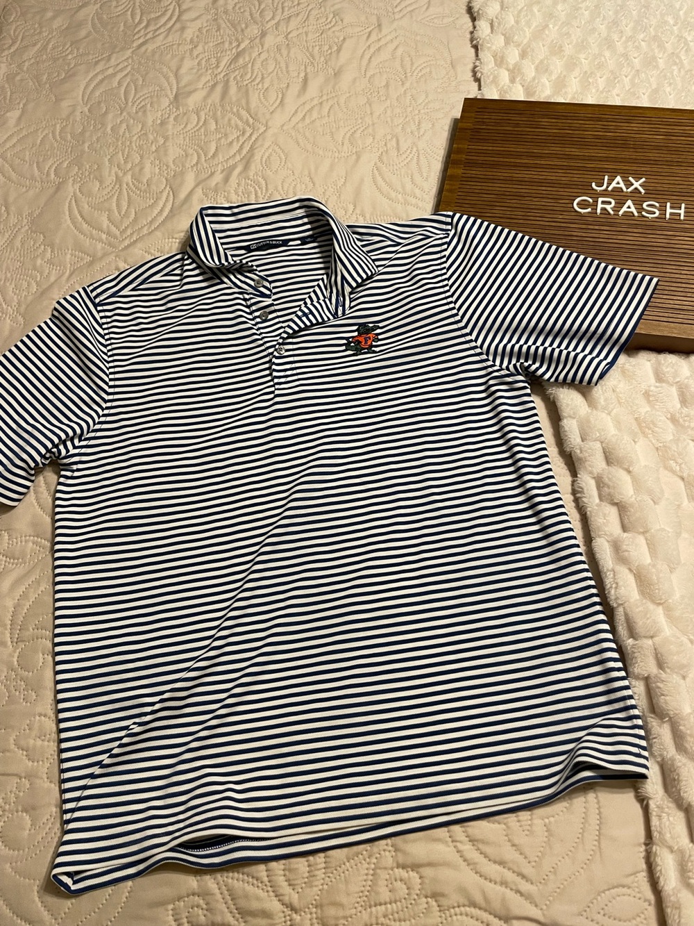 Cutter & Buck Navy and White Striped Polo with Chest Gator Emblem